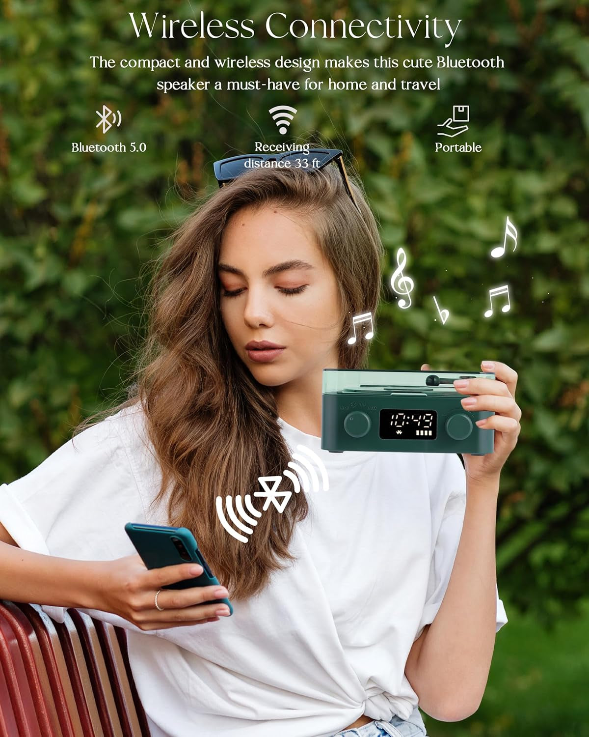 Waves Vinyl Bluetooth Speaker, Vinyl Record Player Style Speaker with Ocean Sound White Noise, Retro Bluetooth Speaker with Ambient Light and Timer, Mini Record Player Cute Speaker, Dark Green