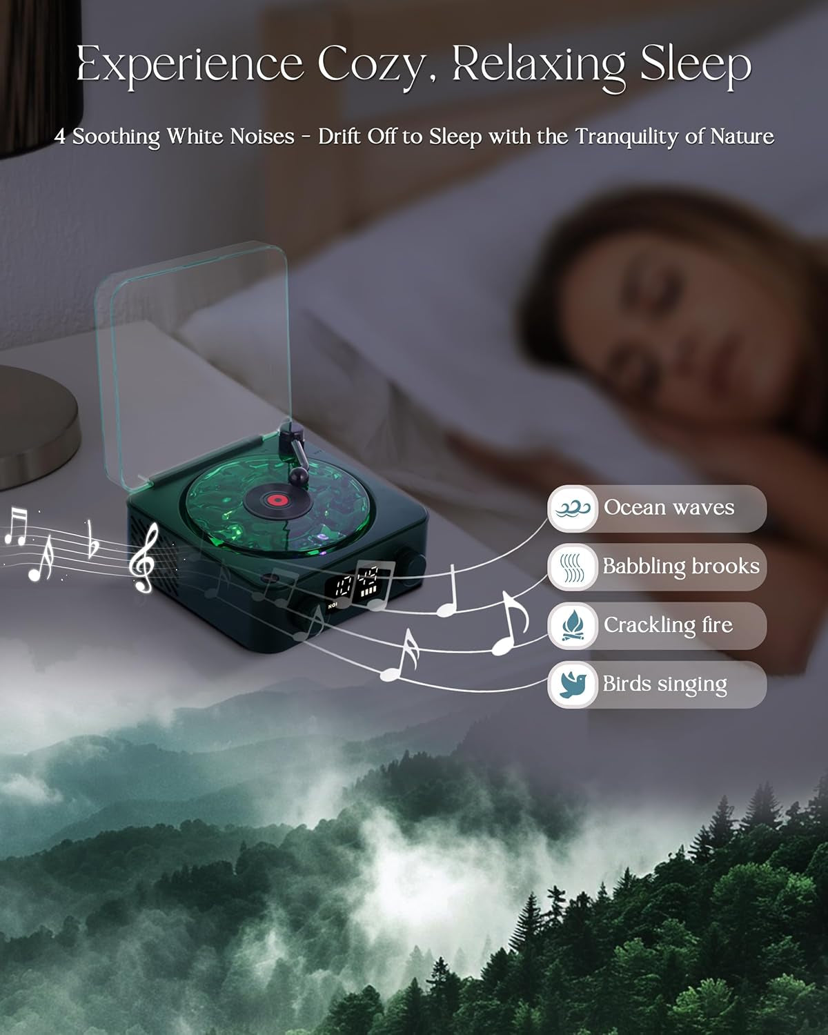 Waves Vinyl Bluetooth Speaker, Vinyl Record Player Style Speaker with Ocean Sound White Noise, Retro Bluetooth Speaker with Ambient Light and Timer, Mini Record Player Cute Speaker, Dark Green
