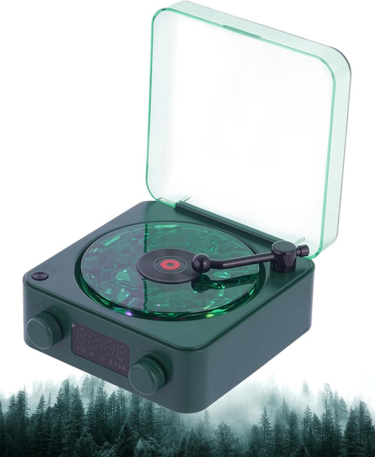 Waves Vinyl Bluetooth Speaker, Vinyl Record Player Style Speaker with Ocean Sound White Noise, Retro Bluetooth Speaker with Ambient Light and Timer, Mini Record Player Cute Speaker, Dark Green