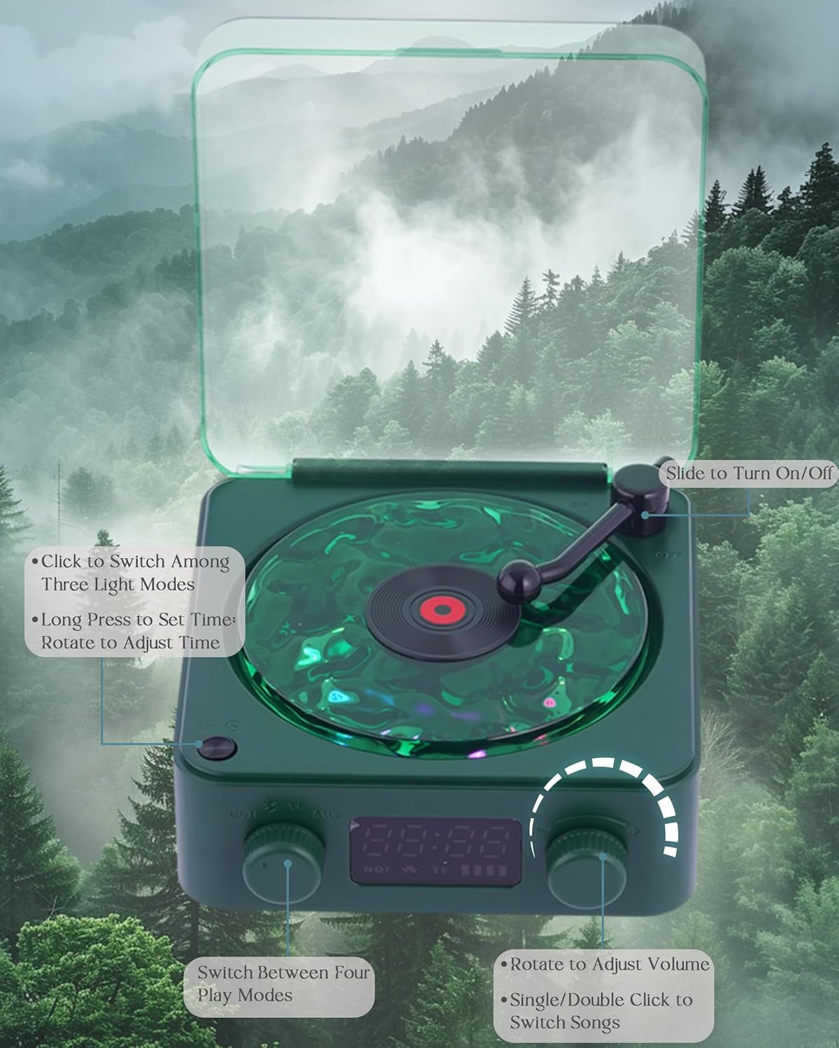 Waves Vinyl Bluetooth Speaker, Vinyl Record Player Style Speaker with Ocean Sound White Noise, Retro Bluetooth Speaker with Ambient Light and Timer, Mini Record Player Cute Speaker, Dark Green