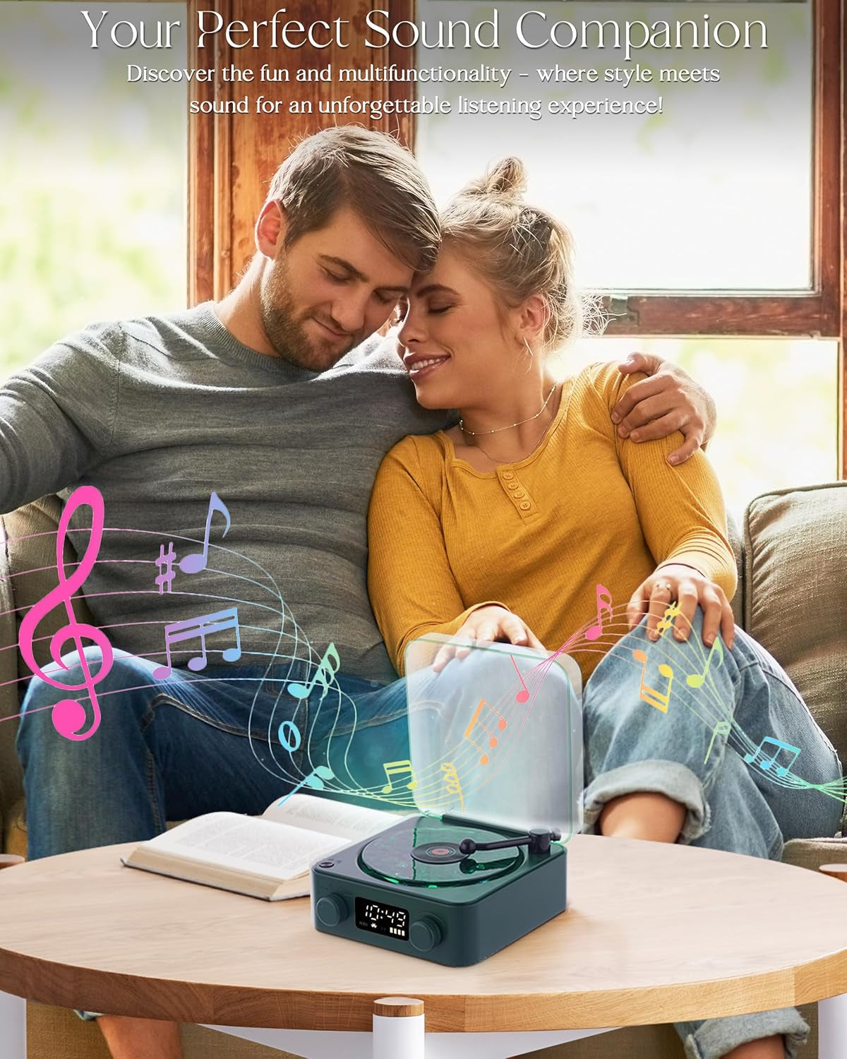 Waves Vinyl Bluetooth Speaker, Vinyl Record Player Style Speaker with Ocean Sound White Noise, Retro Bluetooth Speaker with Ambient Light and Timer, Mini Record Player Cute Speaker, Dark Green