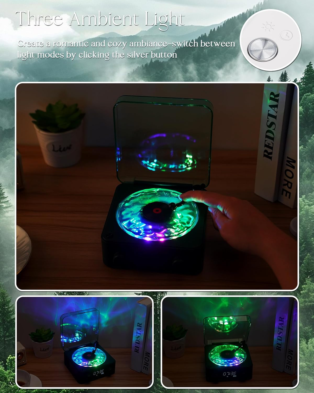 Waves Vinyl Bluetooth Speaker, Vinyl Record Player Style Speaker with Ocean Sound White Noise, Retro Bluetooth Speaker with Ambient Light and Timer, Mini Record Player Cute Speaker, Dark Green
